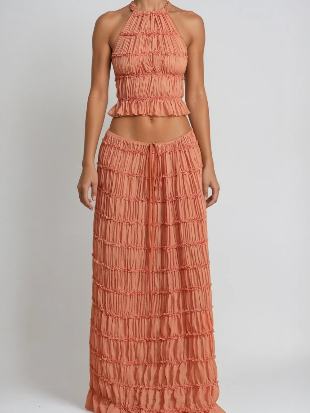 Women’s Coral Sheer Ruched Maxi Skirt Set